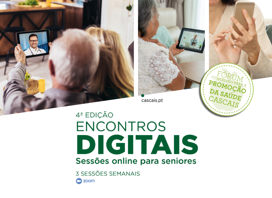Cartaz da 4ª edição de encontros digitais: sessões online para seniores.
